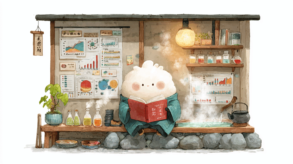 Fluffy white mascot character reading a research book about hot springs beside a steaming bath