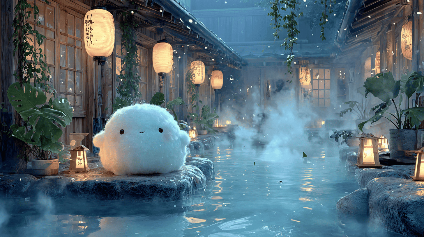 Fluffy white mascot character relaxing in a Japanese hot spring with steam and wooden bathhouses