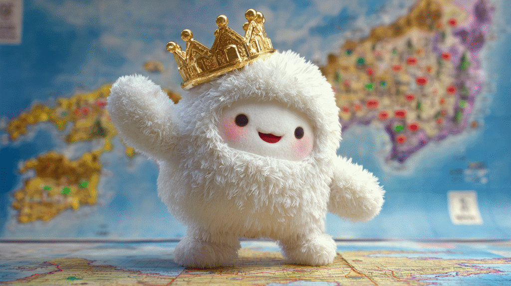 Fluffy white mascot character wearing a golden crown with a Japan map of hot spring areas behind