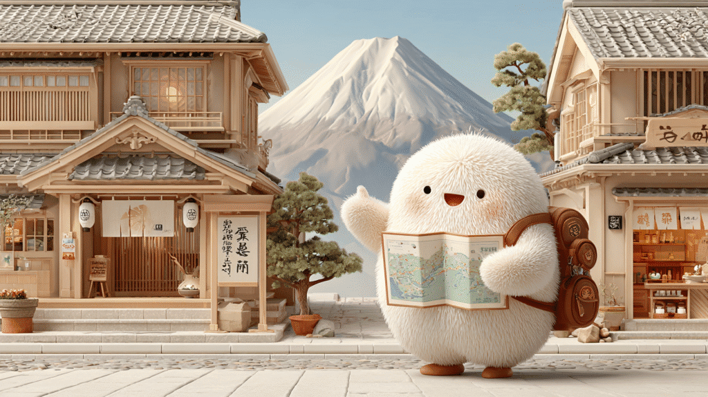 Mascot character with travel map pointing to Japanese inns