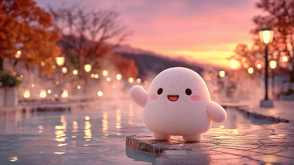 Mascot character smiling in front of hot springs at sunset