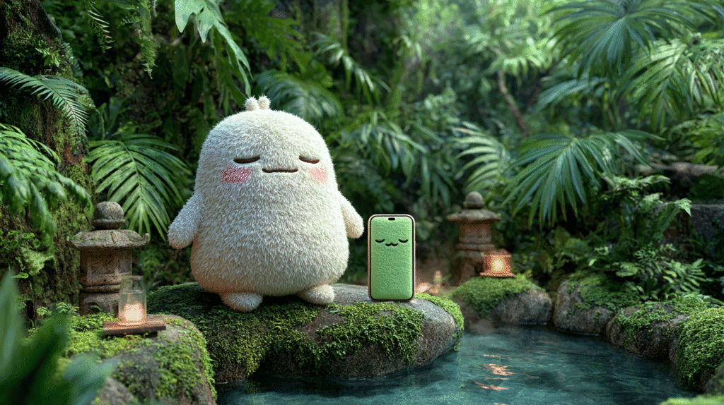 緑豊かな温泉のほとりで、白いキャラクターと楽天トラベルを象徴する緑色のスマホが共にリラックスしている様子。