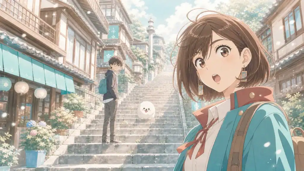 伊香保温泉の石段街を背景に、アニメ風の女性キャラクターと奥にいる男性キャラクター、白くてふわふわした可愛いキャラクターを描いたダンダダン聖地巡礼イメージ