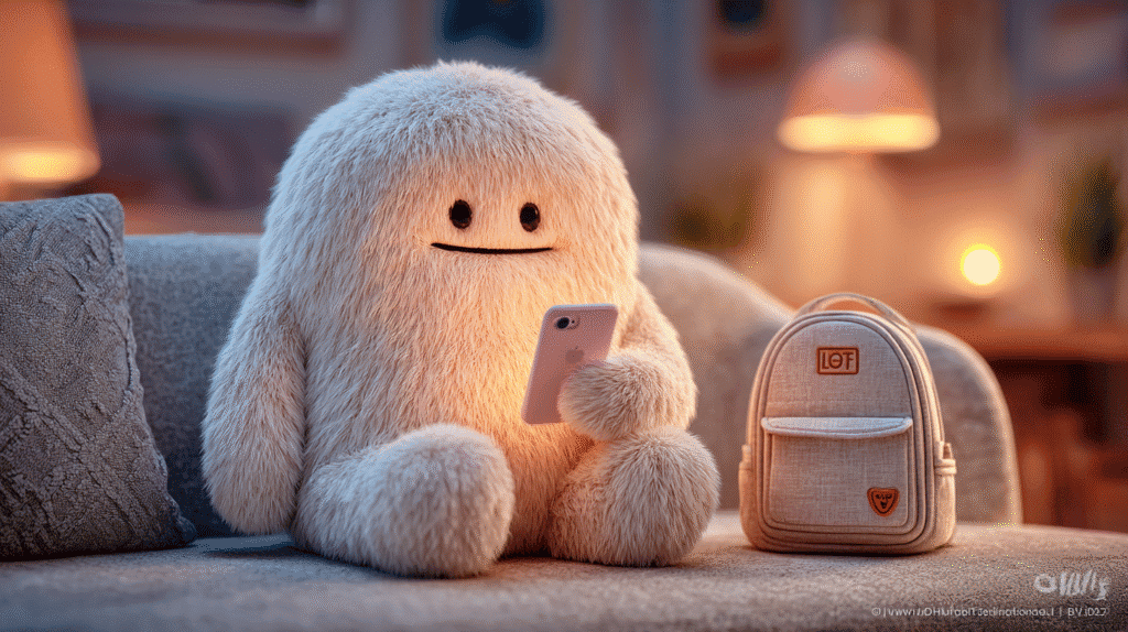 ソファに座った可愛い白いキャラクターが、隣にリュックを置いて、スマートフォンでじゃらんの温泉宿を予約している様子