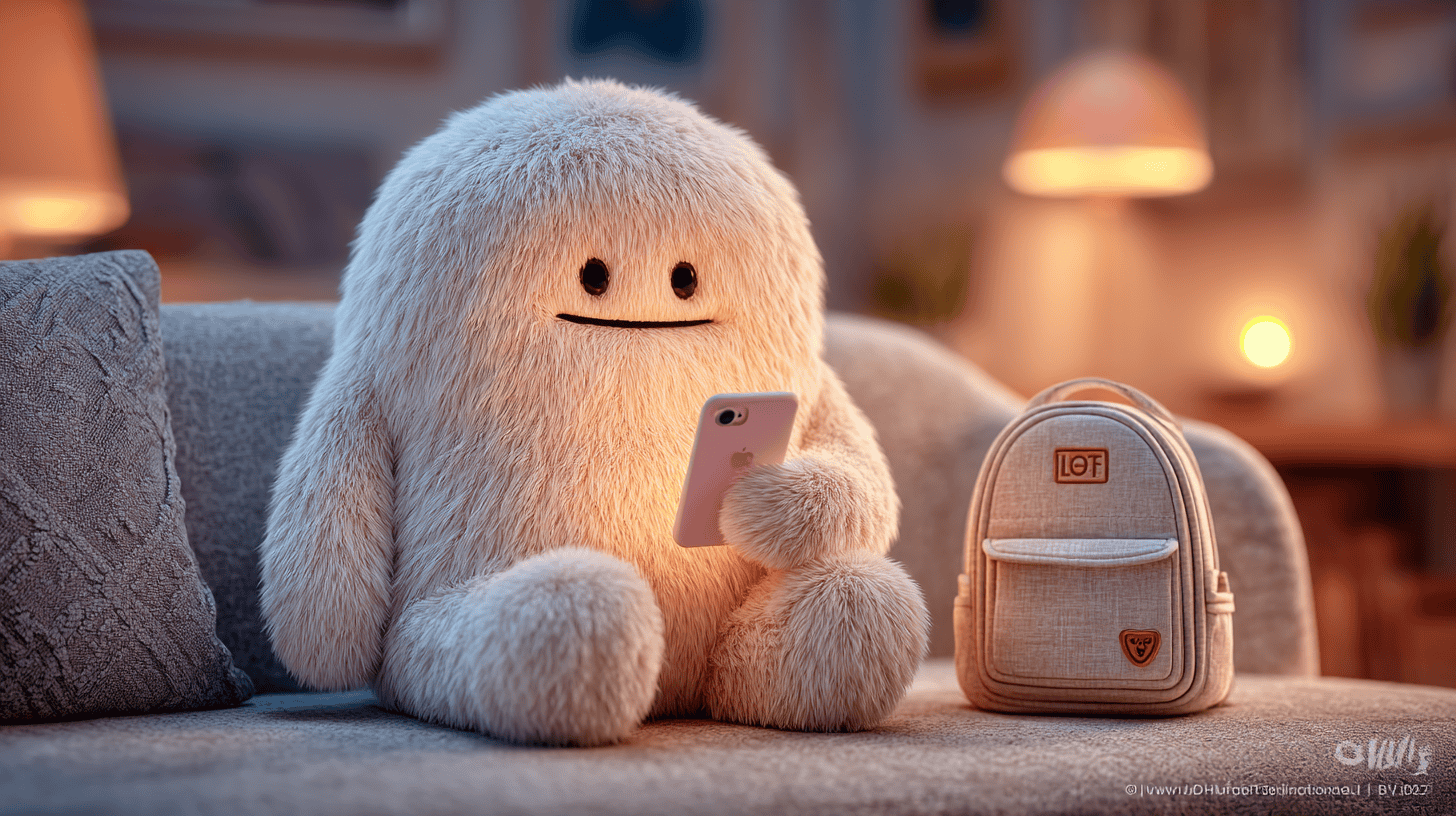 ソファに座った可愛い白いキャラクターが、隣にリュックを置いて、スマートフォンでじゃらんの温泉宿を予約している様子