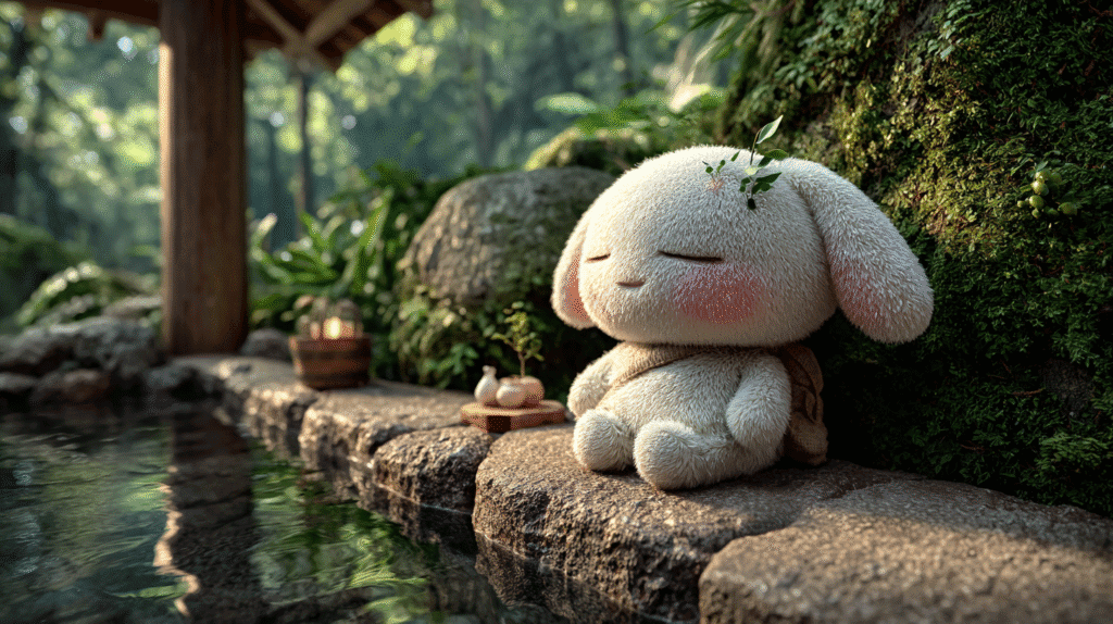 緑豊かな森の中にある露天風呂のほとりで、うさぎのような可愛い白いキャラクターが目を閉じて瞑想し、心からリラックスしている様子。