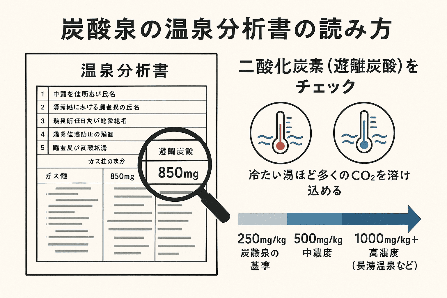 炭酸泉の温泉分析書の読み方:遊離炭酸(CO2)の数値をチェックし、250mg/kg以上が炭酸泉、1000mg/kg以上が高濃度炭酸泉