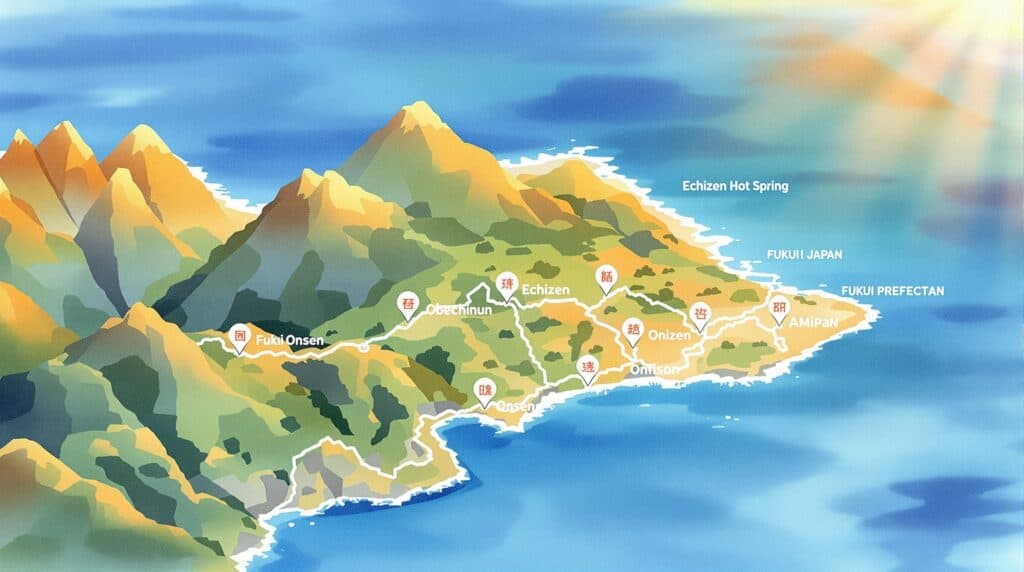 越前町に湧く5つの温泉の位置を示したマップイラスト