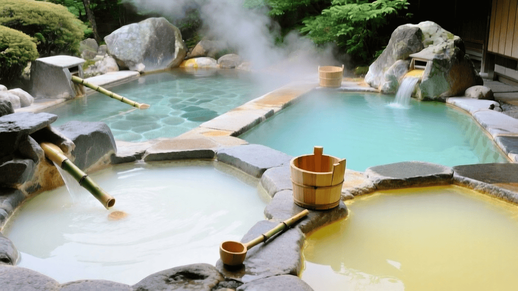 異なる泉質を示す日本の露天風呂の風景。自然石で造られた複数の湯船に、乳白色、透明、青緑色、硫黄色など様々な色の温泉が湛えられ、湯気が立ち上る。竹製の柄杓、木桶、緑豊かな植栽、石灯籠が配置された癒しの空間。
