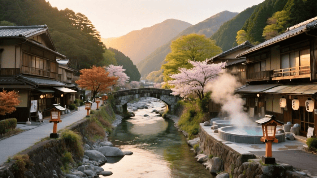 湯河原温泉街の風景。千歳川沿いに伝統的な木造旅館が立ち並び、石橋が川を渡る。山々を背景に緑豊かな木々が茂り、旅館から湯気が立ち上る。夕暮れ時の温かな光に包まれた、風情ある日本の温泉郷。