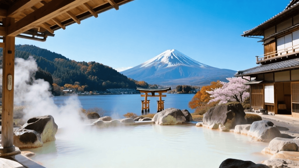 箱根温泉の絶景。富士山を背景に、乳白色の硫黄泉から湯気が立ち上る露天風呂。自然石で造られた湯船、伝統的な木造旅館、芦ノ湖と鳥居、緑豊かな箱根の山々、紅葉や桜が彩りを添える。雄大で癒しに満ちた日本屈指の温泉リゾート。