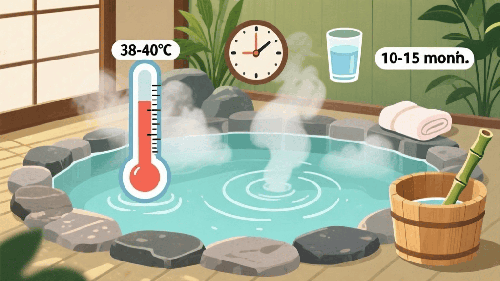 正しい温泉入浴方法を示す教育的なイラスト。自然石の湯船に湯気が立ち上り、周囲に温度計(38-40°C表示)、時計(10-15分表示)、水の入ったグラス、折りたたまれたタオル、竹製の柄杓と木桶が配置され、緑の植物が背景にある。療養的で落ち着いた雰囲気。
