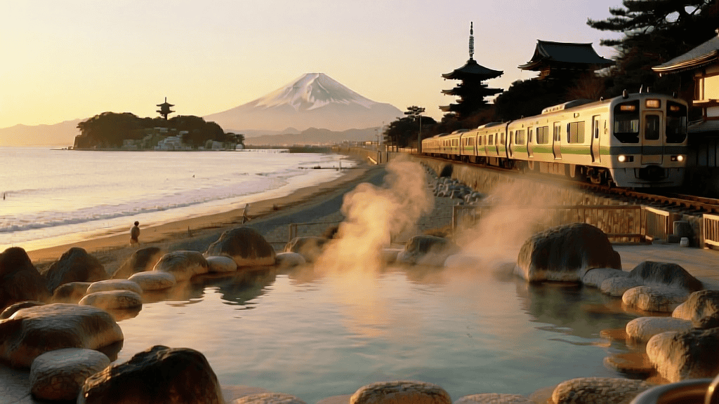 鎌倉と近隣温泉地の魅力を表現した合成風景。手前には海を望む露天風呂から湯気が立ち上り、背景には江の島、富士山、寺院のシルエット、海岸線を走る江ノ電が見える。桜や紅葉が季節の彩りを添え、観光と温泉療養を両立できる理想的なウェルネスツーリズムを表現。