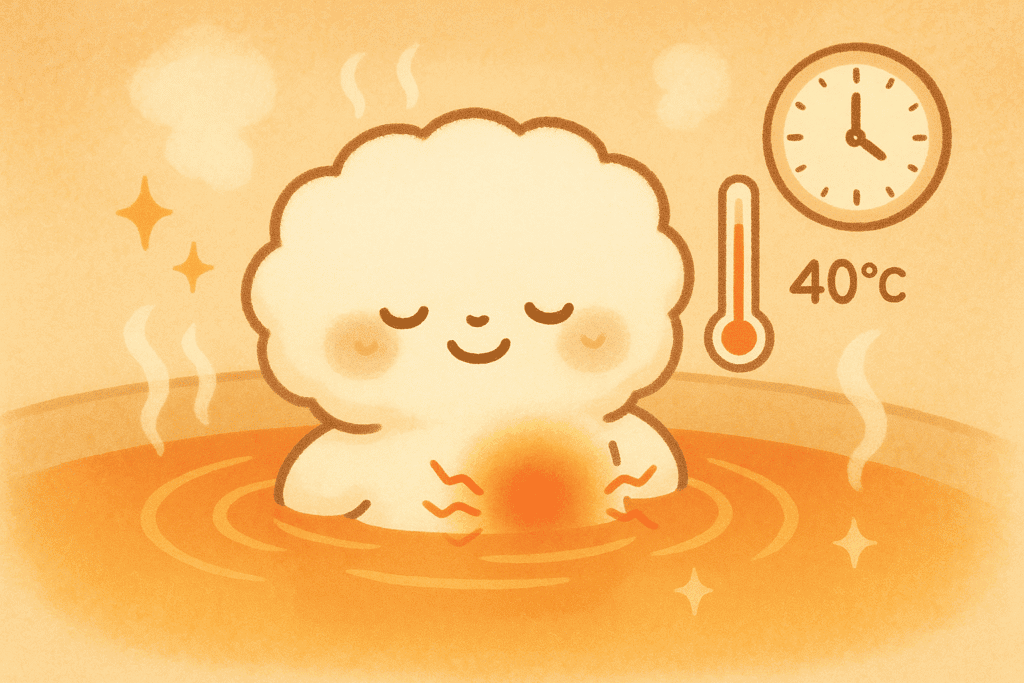 筋肉系腰痛向けの効果的な入浴法のイラスト - 40℃の適温で肩まで浸かり腰部が温まる様子を表現した可愛いキャラクター