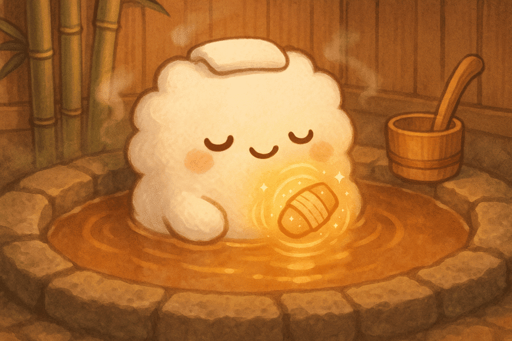 傷の湯の歴史的治癒効果のイラスト - 伝統的な温泉で絆創膏が黄金に光りながら治癒する様子を表現した可愛いキャラクター