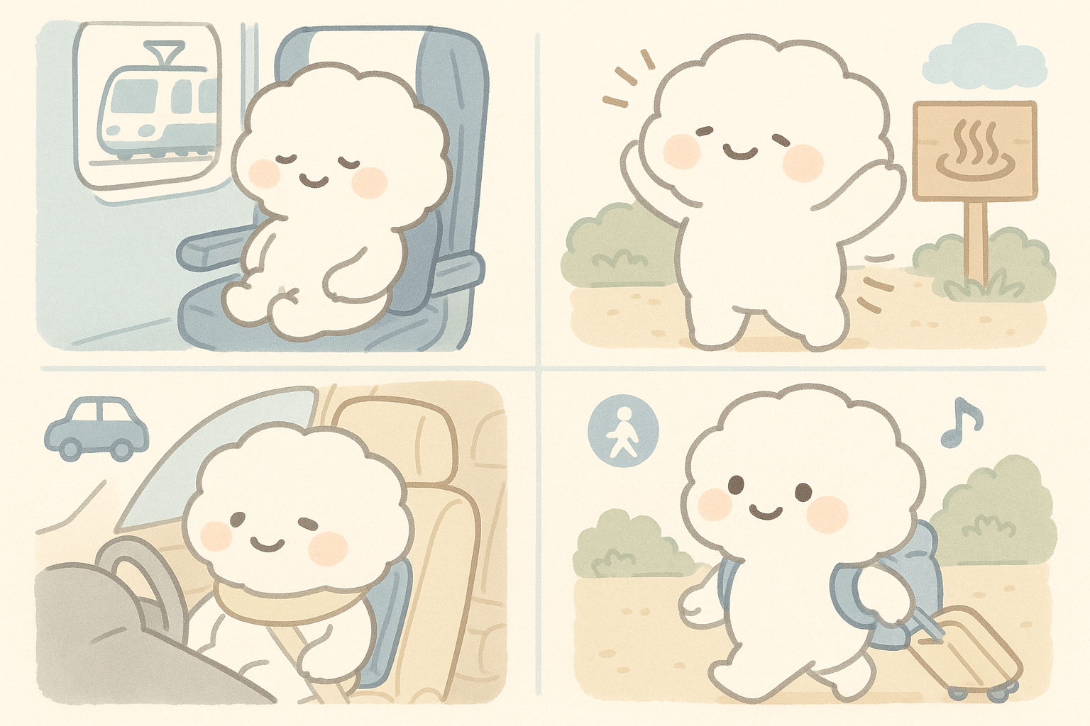 腰痛に優しい温泉への移動方法のイラスト - 電車での腰サポート、休憩でのストレッチ、車での快適姿勢、軽い荷物での移動を表現した可愛いキャラクター