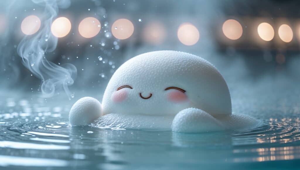 温泉に入って気持ちよさそうにリラックスしている、白くて可愛いキャラクター