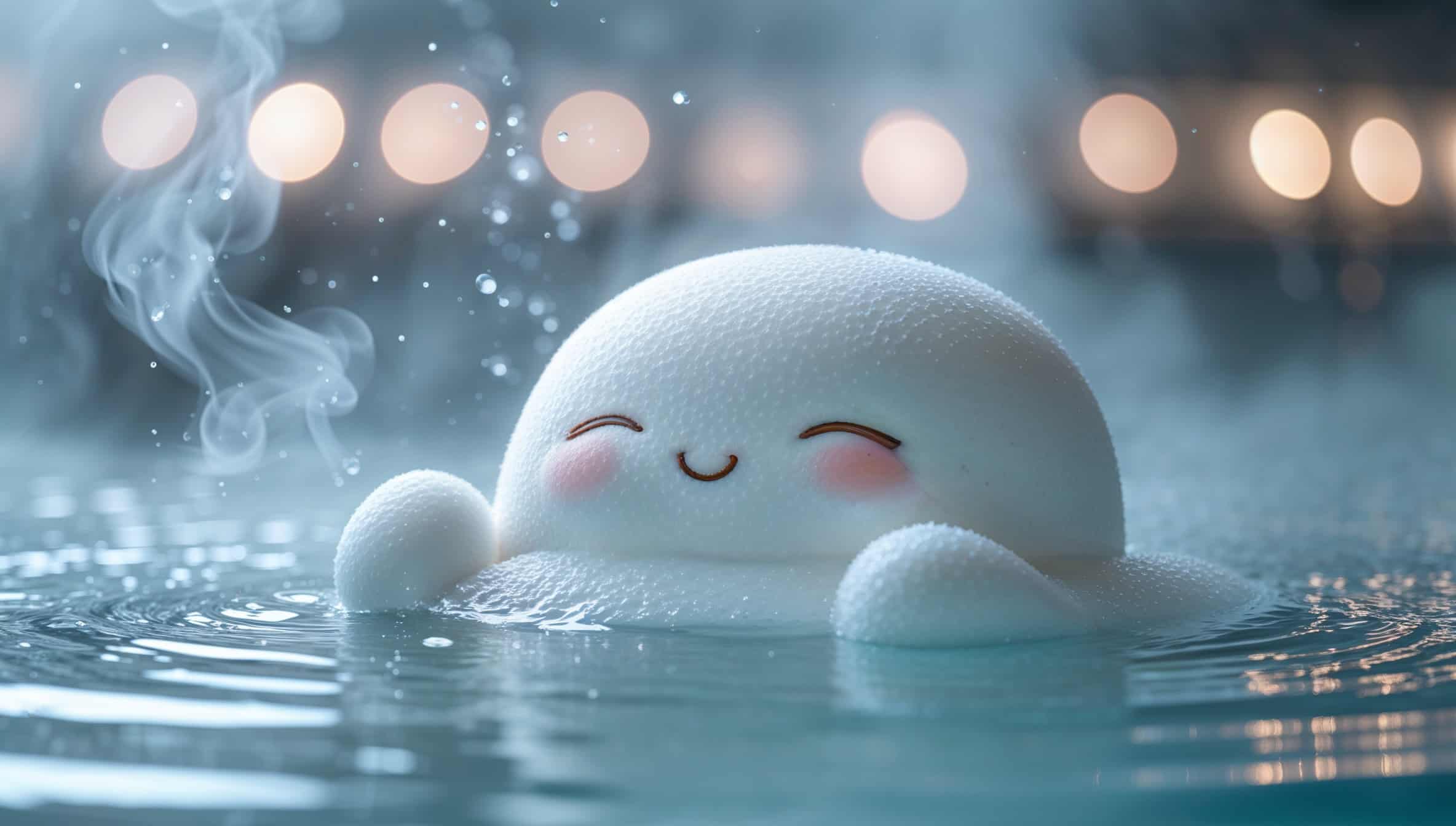 温泉に入って気持ちよさそうにリラックスしている、白くて可愛いキャラクター