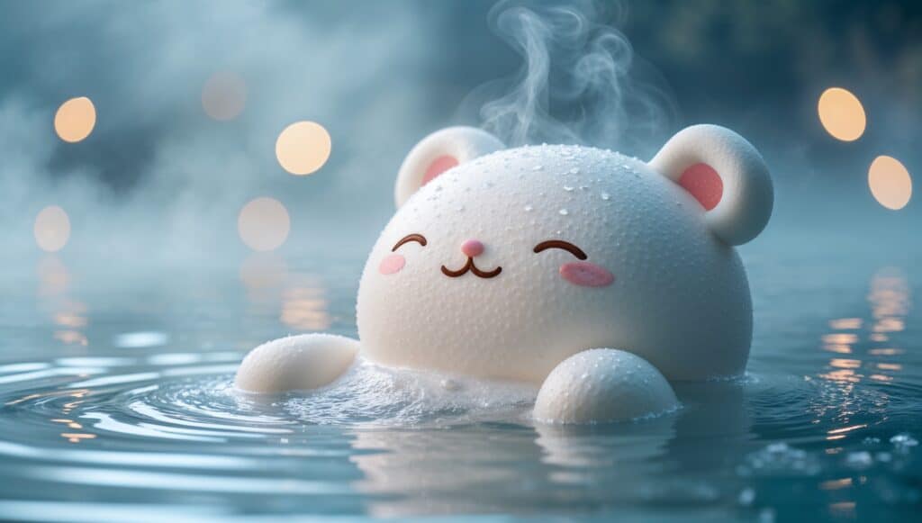 温泉で腰痛が和らぎ、満足そうにリラックスしている可愛い白のキャラクター