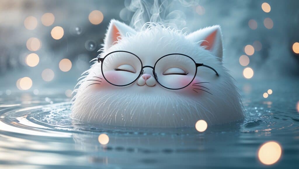 温泉でメガネをかけてリラックスする白い猫。コンタクトを外した後の視力対策として温泉専用メガネを使うイメージ。