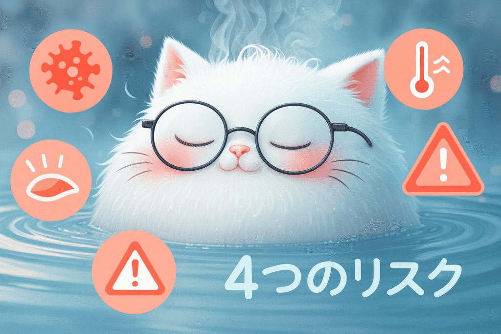 温泉専用メガネで快適に露天風呂を楽しむイメージ。コンタクトレンズユーザーの視力確保の解決策を可愛いイラストで表現。