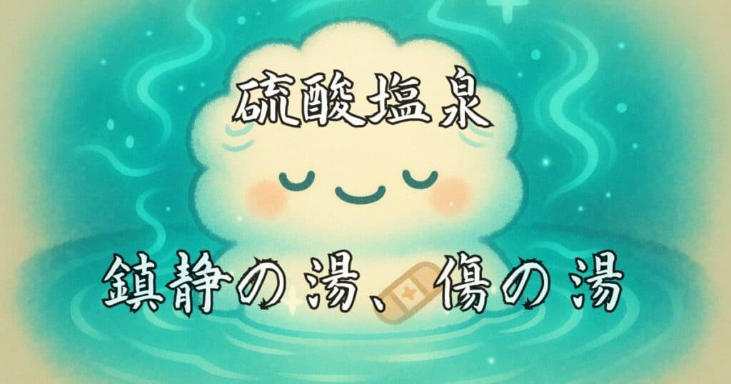 硫酸塩泉のイラスト - 鎮静の湯・傷の湯の鎮静作用と創傷治癒効果を表現した可愛いキャラクター