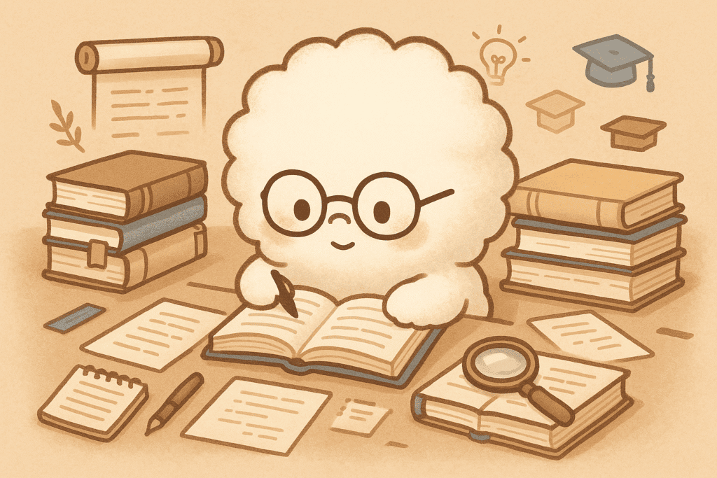 参考文献のイラスト - 眼鏡をかけて本や資料に囲まれ研究する可愛いキャラクター