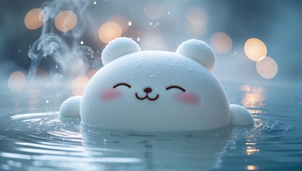温泉で腰痛を癒やすキャラクター「ぱぴーよっと」