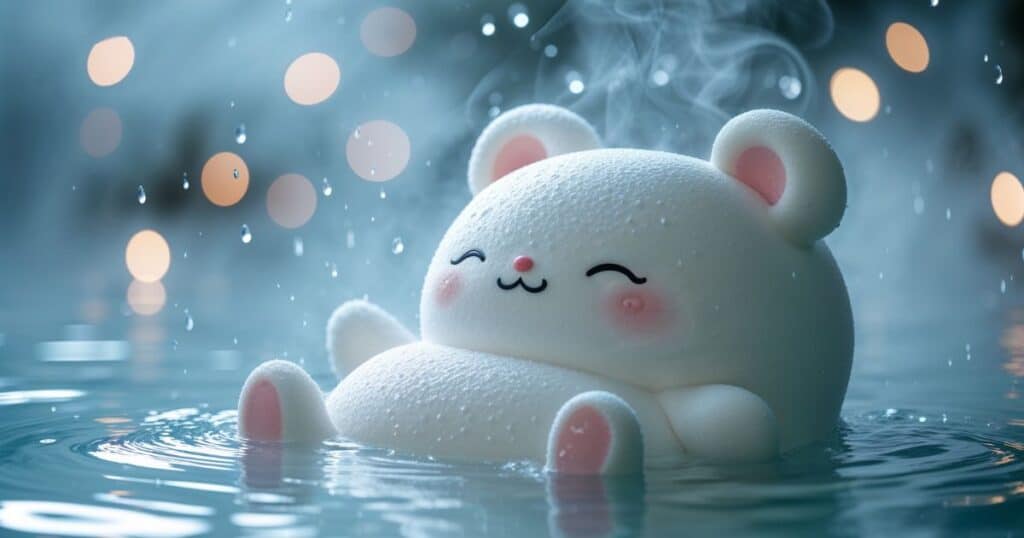 法師温泉の足元湧出と丸太に身を委ね、腰痛から解放されてプカプカと浮かぶキャラクターのイラスト。