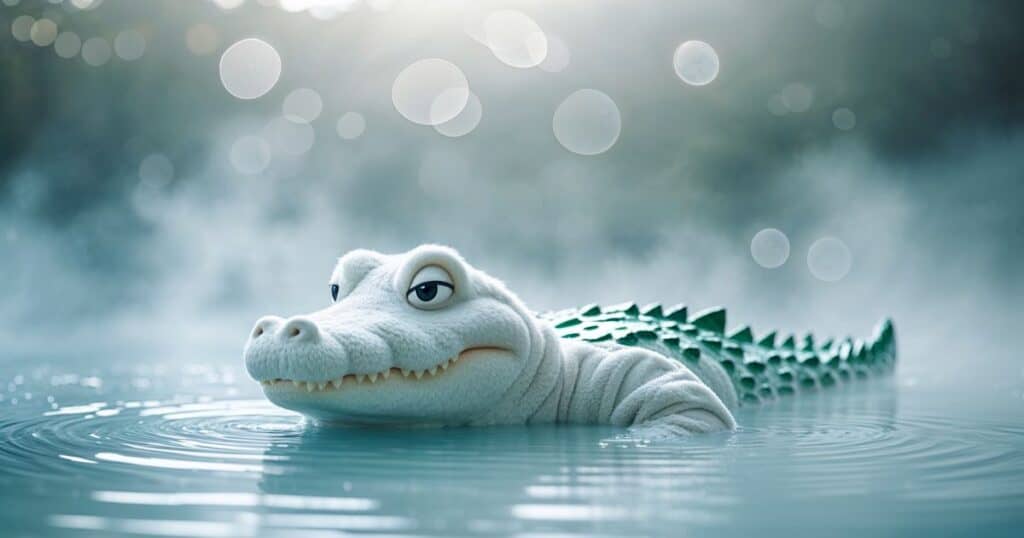 混浴温泉の隠語「ワニ」をイメージした、お湯に浸かる白いワニのイラスト。法師温泉における迷惑客の噂を検証するためのイメージ図。