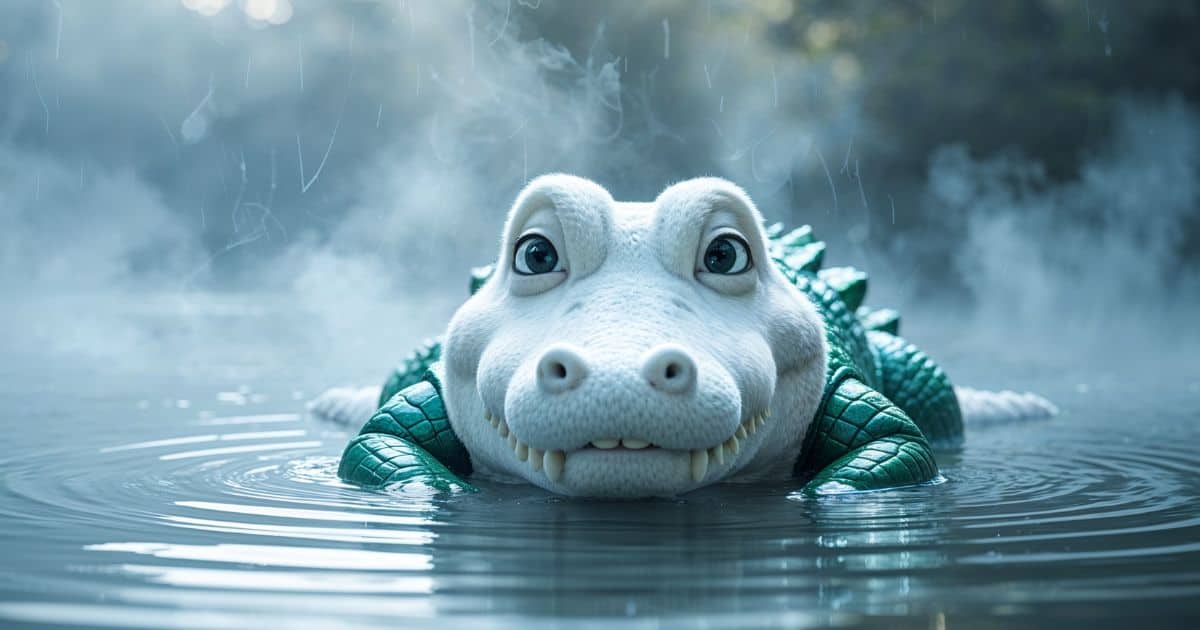 法師温泉の混浴における「ワニ」をイメージした白いワニのイラスト。腰痛持ちの女性が安心して入浴するための対策記事アイキャッチ。