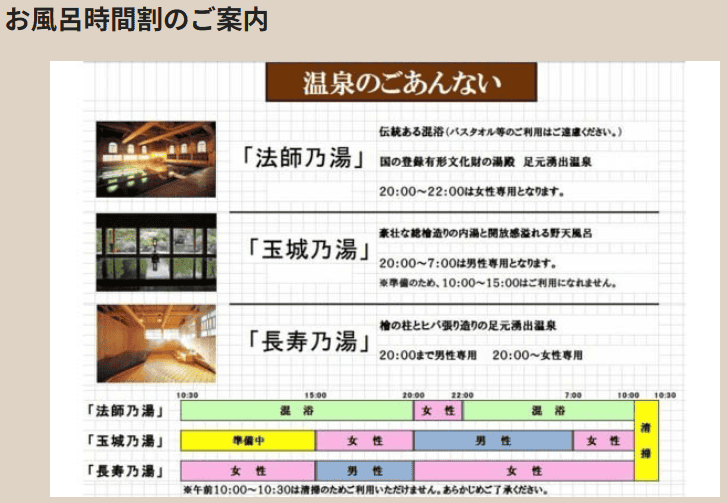 師温泉 長寿館公式HPにある入浴時間割表。
