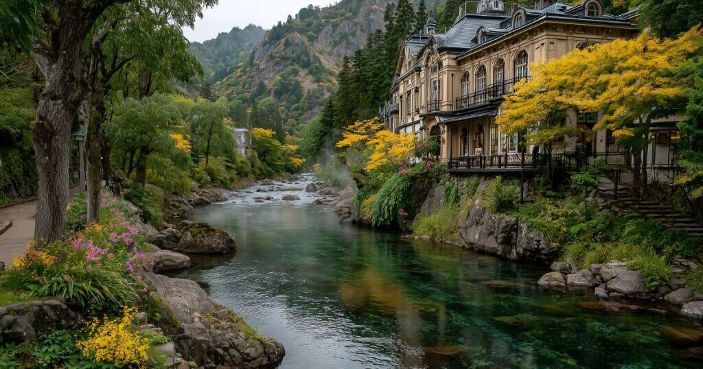 川湯温泉の渓流と豊かな自然に囲まれた温泉地の風景
