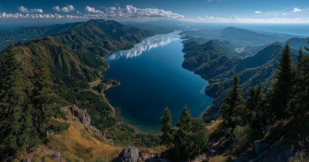  屈斜路湖の大パノラマ、カルデラ湖の雄大な景色 