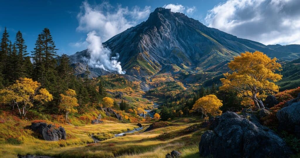硫黄山から立ち上る白い湯煙と周囲の豊かな自然景色