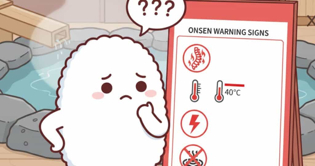 温泉施設の警告サインボードを見て悩む白いフワフワキャラクター、炎症・高温・急性痛の警告アイコンが表示されている