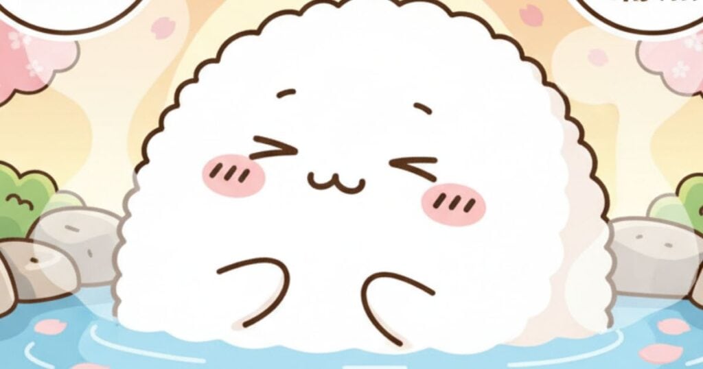 慢性腰痛に効果的な温泉で至福の表情でリラックスしている白くて丸いかわいいキャラクター