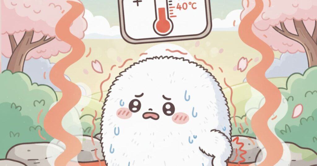 熱すぎる温泉に入って汗をかき腰を痛めて困っている白くて丸いかわいいキャラクター、温度計が40度以上を示している