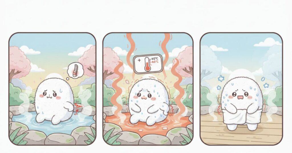 3パネル構成で温泉での腰痛悪化原因を説明するイラスト、白いキャラクターが左から急性腰痛で入浴、40度以上の高温で苦しむ、湯冷めで震える様子