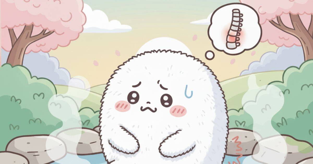 温泉施設の前で腰を気にして悩んでいる白くて丸いかわいいキャラクター、背景に桜の木と温泉の石