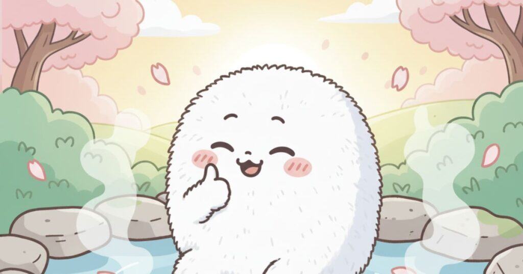 正しい知識を得て安心して温泉を楽しむ白くて丸いかわいいキャラクター、親指を立てて笑顔