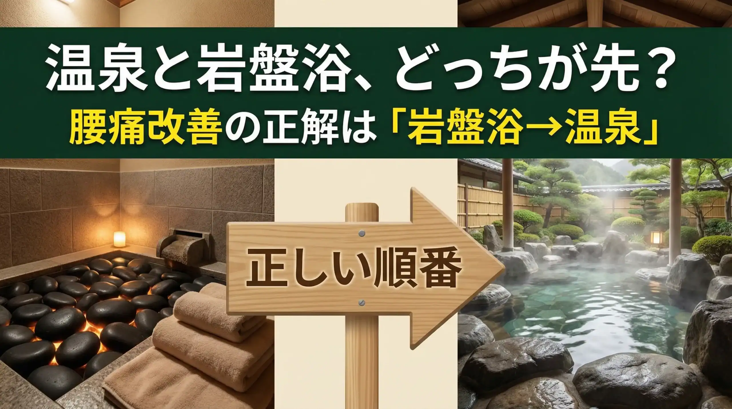 温泉と岩盤浴の正しい順番を示すアイキャッチ画像。左側に岩盤浴、中央に矢印、右側に温泉が配置され、腰痛改善の正解は「岩盤浴→温泉」と表示されている。
