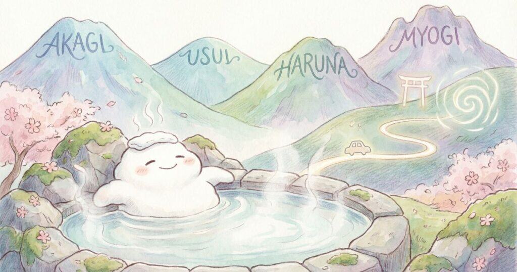 赤城・碓氷・榛名・妙義の山々を背景に、露天風呂と湯けむり、鳥居とワインディングロードを描いたイラスト