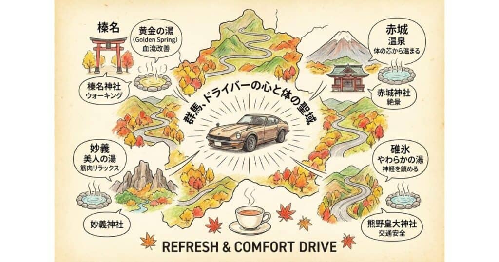 群馬の赤城・碓氷・榛名・妙義を巡る、腰痛ケア日帰り温泉と神社をまとめたドライブ図解（頭文字D聖地）