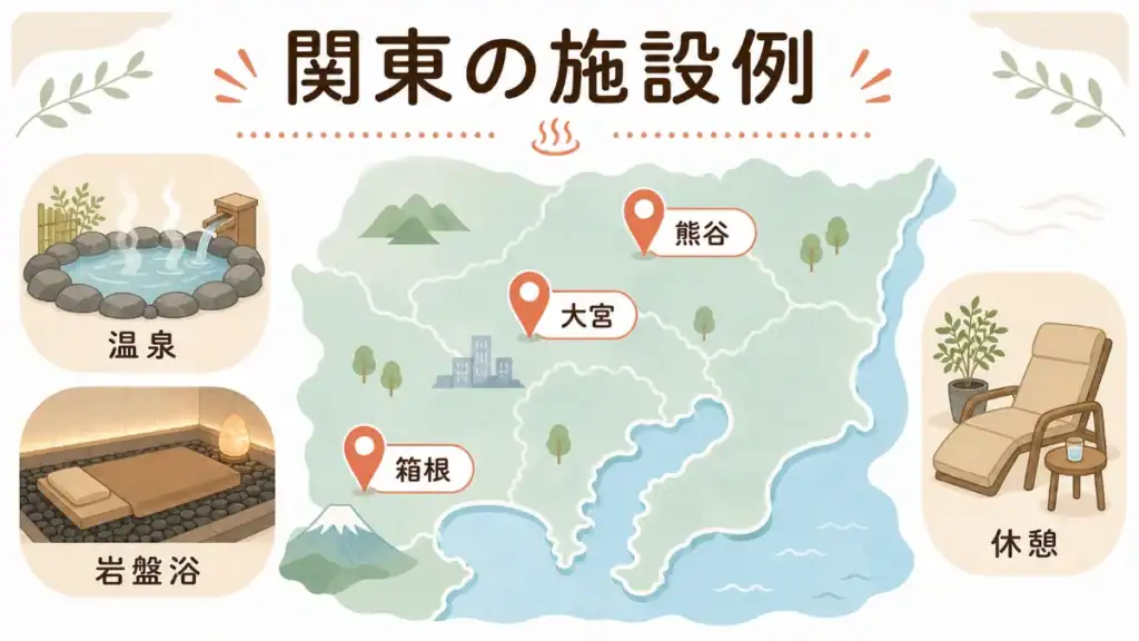 関東で温泉と岩盤浴が楽しめる施設例を地図とアイコンで示した図解