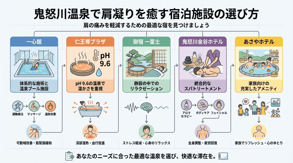 鬼怒川温泉で肩こりを癒すおすすめ宿5選の特徴と効果を比較した選び方チャート図