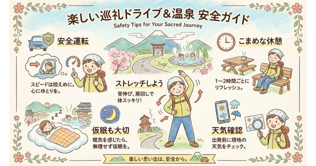 「楽しい巡礼ドライブ＆温泉 安全ガイド」インフォグラフィック（安全運転、ストレッチ、こまめな休憩、仮眠、天気確認）