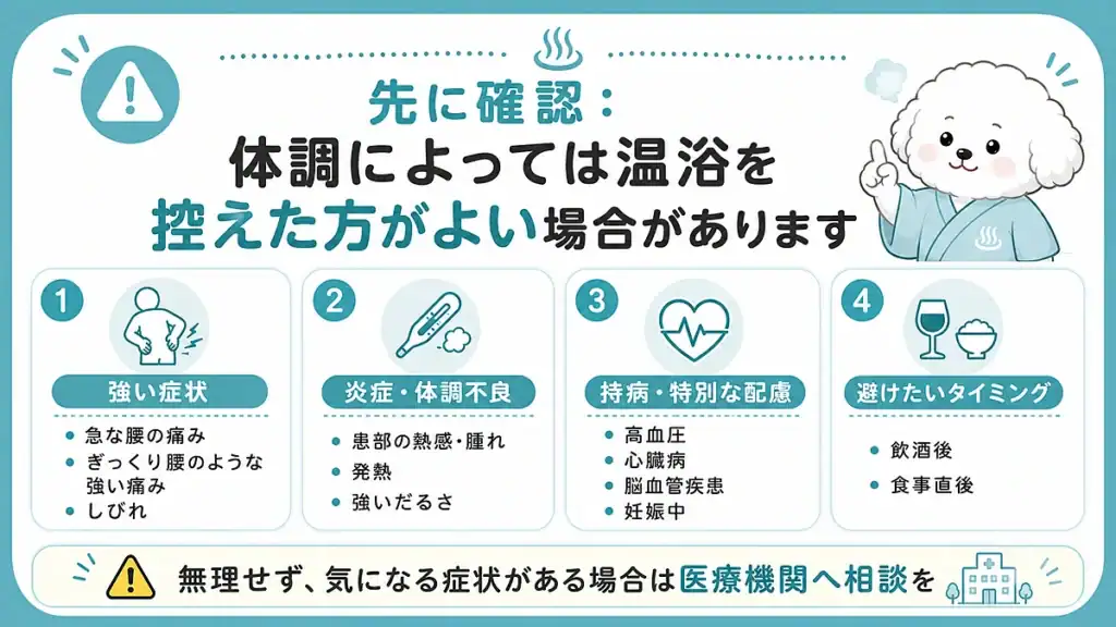 温泉や岩盤浴の前に体調確認が必要な症状をまとめたインフォグラフィック