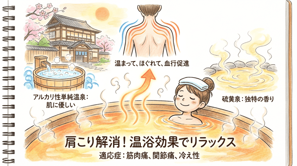 温泉の温浴効果で血行促進し肩こりを解消するイメージ図。アルカリ性単純温泉と硫黄泉の特徴も紹介。