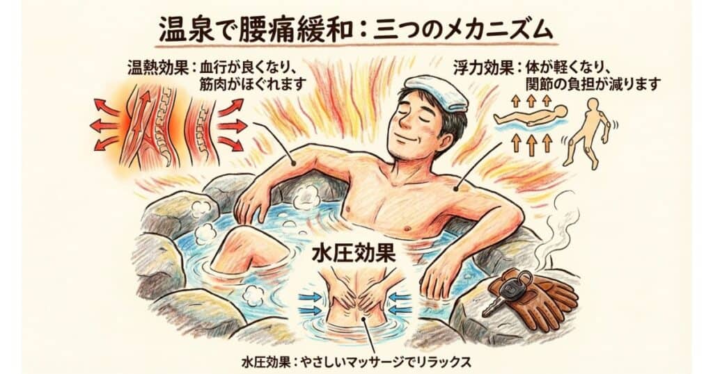 温泉で腰痛が和らぐ三つの仕組み（温熱効果・浮力効果・水圧効果）を示した図解イラスト